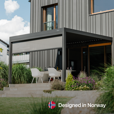 PERGOLUX modern outdoor pergola attached to a house, featuring the 'Designed in Norway' logo.
