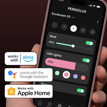 Smartphone displaying a PERGOLUX pergola automation app with Alexa, Google Assistant, and Apple Home compatibility logos.