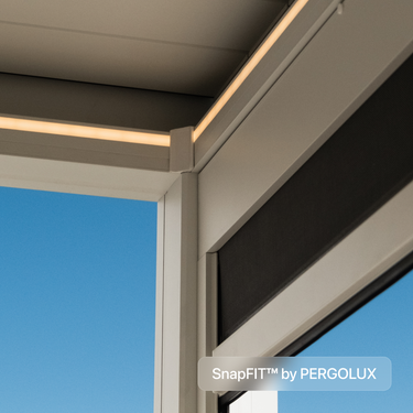 pergola screen frame with SnapFIT by PERGOLUX branding against a blue sky