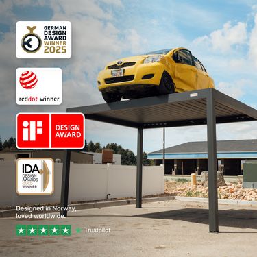 Yellow car on a PERGOLUX carport with design award logos and international recognition.