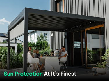 Family relaxing under pergola with shade screen with text "Sun Protection At It's Finest"