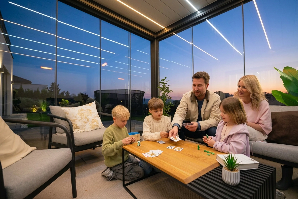 A family of five relaxes in a modern glass-walled pergola area at dusk, gathered around a wooden coffee table with cards and small green items. The room features contemporary gray and beige seating, linear ceiling lights, and a view of the evening sky and distant construction crane.