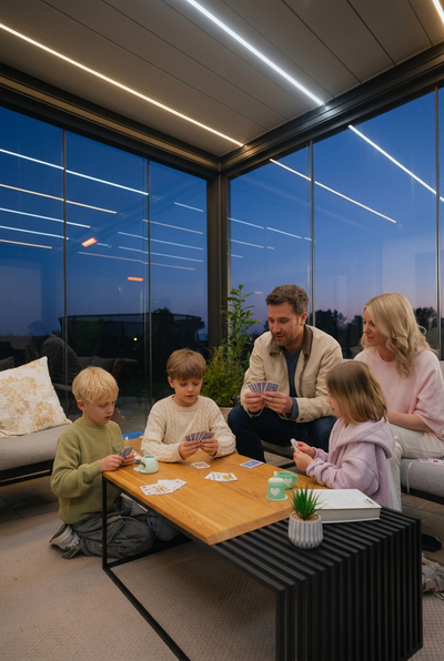 A family of five relaxes in a modern glass-walled pergola area at dusk, gathered around a wooden coffee table with cards and small green items. The room features contemporary gray and beige seating, linear ceiling lights, and a view of the evening sky and distant construction crane.