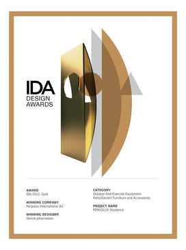 IDA Design Awards poster 2022 listing Pergolux International as winning company for the PERGOLUX Skydance