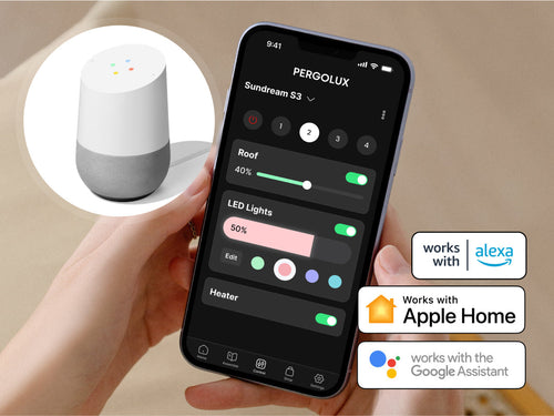 Smart home device pergola control app on a smartphone with Alexa, Apple Home, and Google Assistant logos.