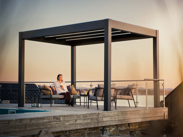 Anthracite Skydance pergola at sunset
