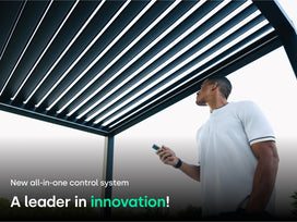 Man in white shirt using pergola remote to open the louvers with text of " New all-in-one control System. A leader in innovation"