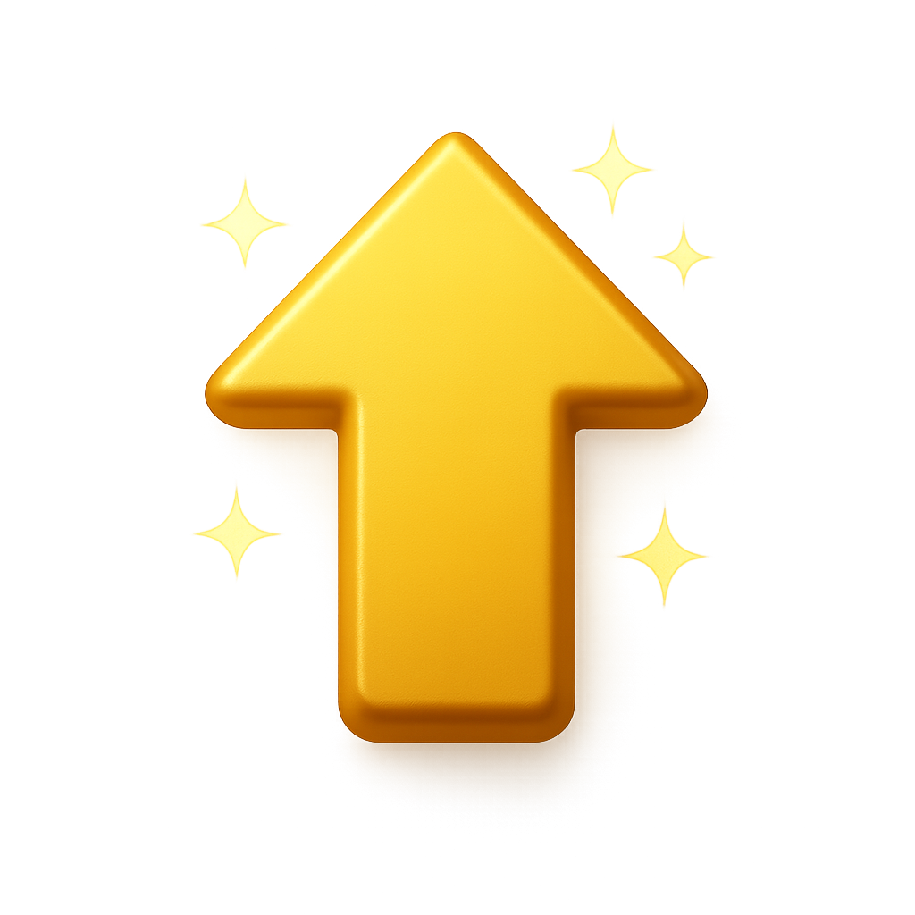 Gold arrow pointing up with no background and sparkles around it