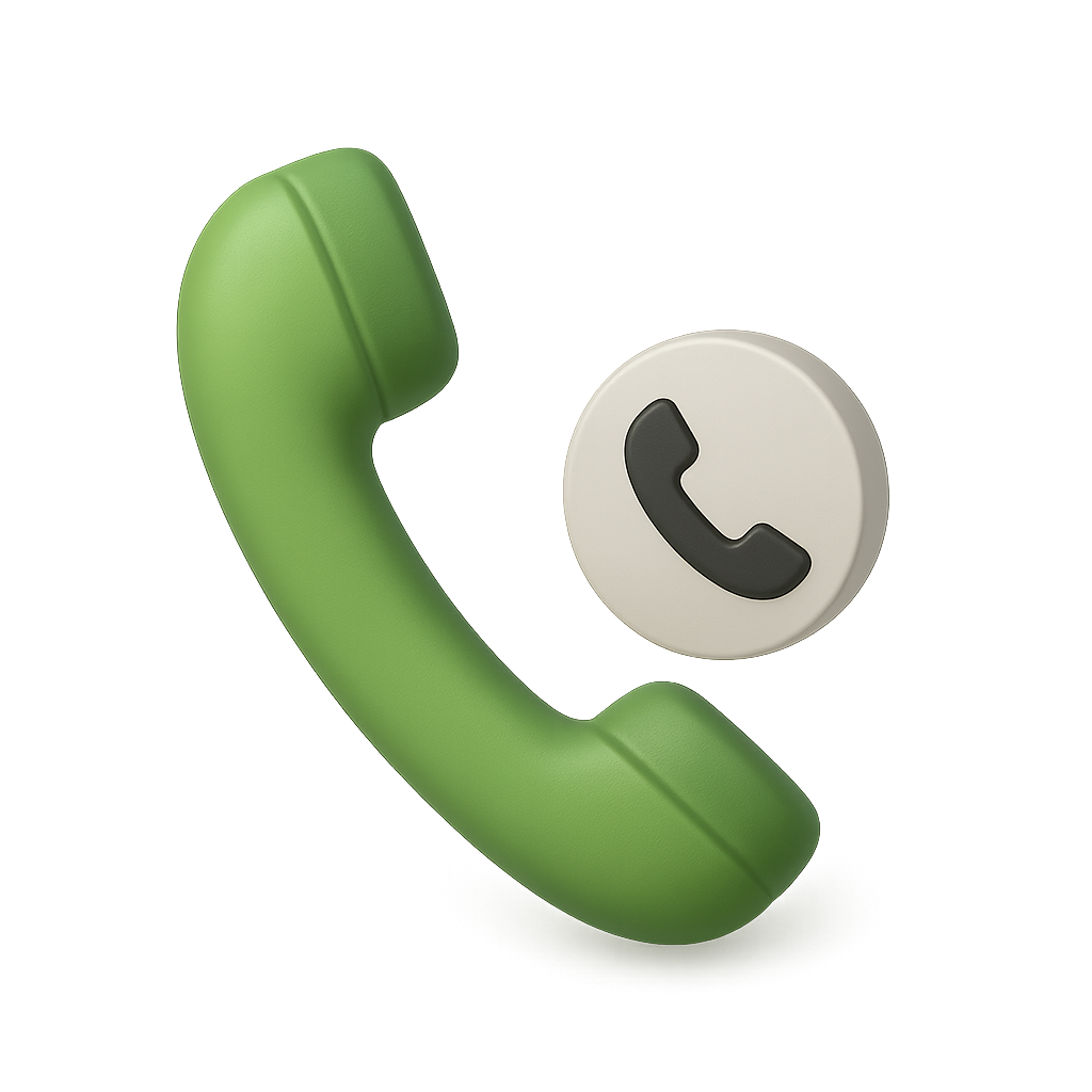 Green telephone receiver with a white button featuring a black phone icon on a white background