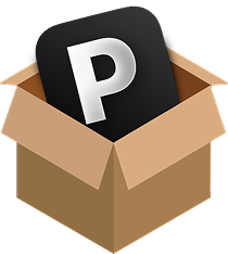 Black square with a white 'P' inside a cardboard box