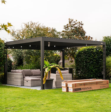 Patio with pergola, outdoor furniture, and Pergolux packaging in a garden setting.