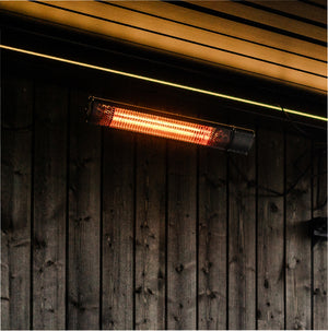 Infrared outdoor heater mounted on a wooden wall with promotional text overlay.
