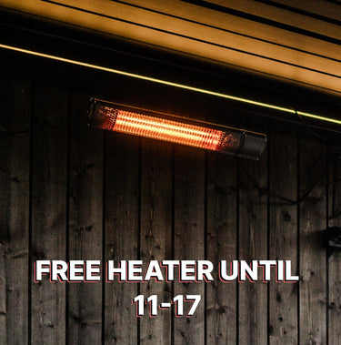 Infrared outdoor heater mounted on a wooden wall with promotional text overlay.