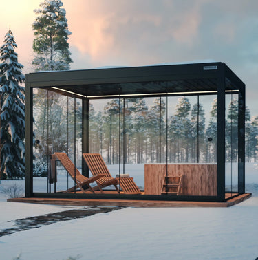 Modern glass pergola with wooden furniture in a snowy forest setting